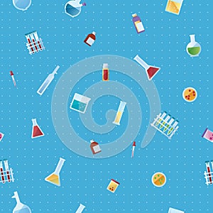 Medicine laboratory seamless pattern on blue background. Color vector illustration.