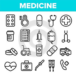Medicine Line Icon Set Vector. Pharmacy Emergency Symbol. Drug Medicine. Clinic, Hospital Icon. Thin Outline Web
