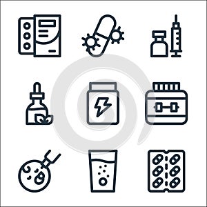 medicine line icons. linear set. quality vector line set such as capsules, effervescent, oral vaccine, gym, glucose, tincture,