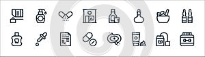 Medicine line icons. linear set. quality vector line set such as gym, cream, pills, mouthwash, ayurvedic, probiotic, syrup,