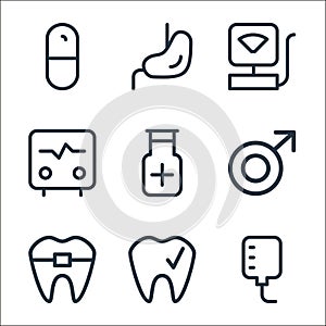 medicine line icons. linear set. quality vector line set such as iv bag, tooth, tooth, male, medicine, scope, ultrasound machine,