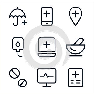 medicine line icons. linear set. quality vector line set such as medical report, pulse rate, pills, mortar, notebook, iv bag,
