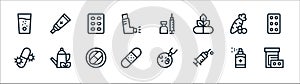 medicine line icons. linear set. quality vector line set such as medicine, injection, band aid, antibiotic, vitamins, pills,