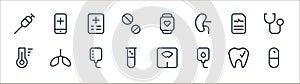 medicine line icons. linear set. quality vector line set such as pill, iv bag, tube, thermometer, report, medical report,
