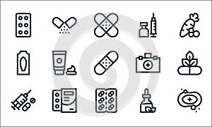 Medicine line icons. linear set. quality vector line set such as soap, capsules, drugs, tincture, medicine, suppository, first aid