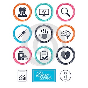 Medicine, medical health and diagnosis icons.