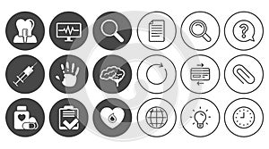 Medicine, medical health and diagnosis icons.