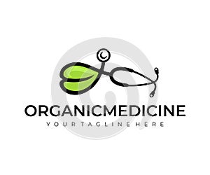 Medicine, medical, organic, stethoscope and leaf, logo design. Cardiology, plant, ethnoscience, diseases and treatment, vector des