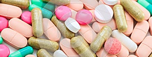 Medicine, medication. Colorful pills and capsules background, banner