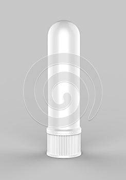 Medicine nose, nasal inhaler or drops for health in white bottle, container for cold, flu, illness. Pharmacy, care or treatment. M photo