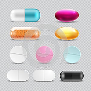 Medicine painkiller pills, pharmaceutical antibiotics drugs vector set