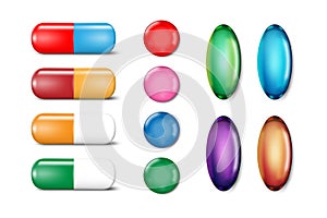 Medicine painkiller pills template. Set of color pill. Antibiotic drugs and vitamin tablet Mockup. Vector illustration