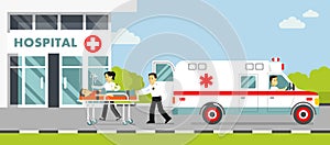Medicine paramedics ambulance concept with emergency rescue team and injured patient in flat style.