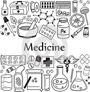 Medicine and pharmaceutical doodle handwriting icons