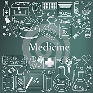 Medicine and pharmaceutical doodle handwriting icons of medicine