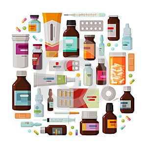 Medicine, pharmacy concept. Drug, medication set of icons. Vector illustration photo