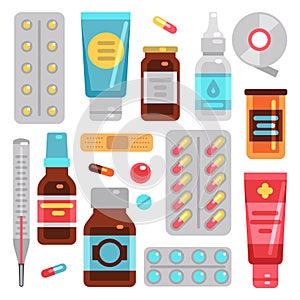 Medicine pharmacy drugs, pills, medicament bottles and medical equipment vector flat icons photo