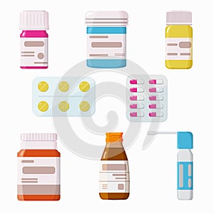 Medicine, pharmacy, hospital set of drugs. Flat style, vector illustration.