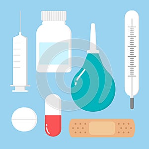 Medicine, pharmacy, hospital set of drugs with labels. Medication, pharmaceutics concept