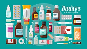 Medicine, pharmacy, hospital set of drugs with labels. Medication, pharmaceutics concept. Vector illustration