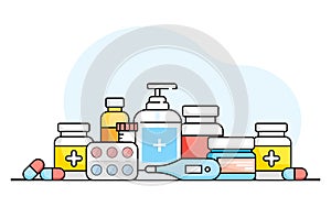 Medicine, pharmacy, hospital set of drugs with labels on a white background. Medication, pharmacy concept. Flat graphics. Vector