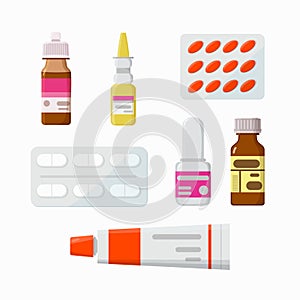 Medicine, pharmacy, hospital set of drugs. Pills, capsules, vitamins, tincture, throat spray. Vector illustration