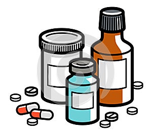 Medicine pharmacy theme medical bottles 3d vector illustration isolated, medicaments and drugs, health care meds cartoon, vitamins