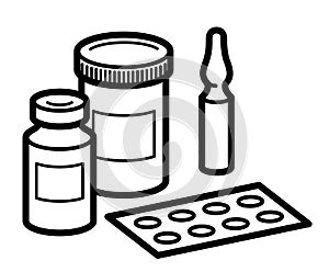 Medicine pharmacy theme medical bottles pills and ampules 3d vector illustration isolated, medicaments and drugs, health care meds