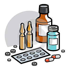 Medicine pharmacy theme medical bottles pills and ampules 3d vector illustration isolated, medicaments and drugs, health care meds