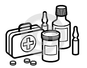 Medicine pharmacy theme medical bottles pills and ampules 3d vector illustration isolated, medicaments and drugs, health care meds