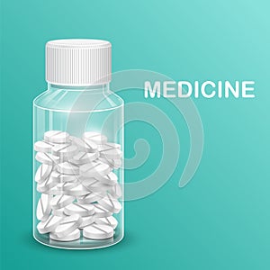 Medicine Pill in Transparent Bottle on Medical background of deadly Novel Coronavirus 19 epidemic outbreak