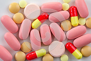 Medicine pill on white, medical tablet prescription,  pharmaceutical capsule