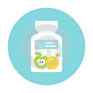 Medicine Pills Bottle with RX Prescription Sticker and Fruit. Food as Medicine Vector Concept Illustration