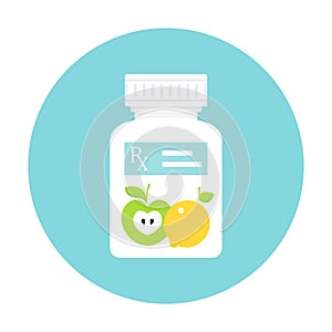 Medicine Pills Bottle with RX Prescription Sticker and Fruit. Food as Medicine Vector Concept Illustration photo