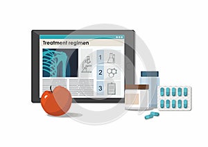 Medicine pills with bottles, treatment scheme on digital tablet. White background.