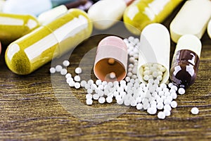 Medicine pills or capsules on wood background.Drug prescription for treatment medication.PharmaceutiMedicine pills or capsules on
