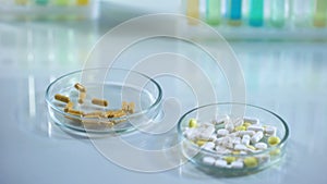 Medicine pills lying in petri dishes on lab table, pharmaceutical industry
