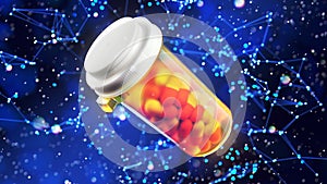 Medicine pills in orange glass pill bottle on a blue background. 3D Render