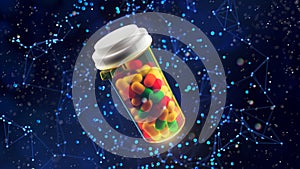 Medicine pills in orange glass pill bottle on a blue background. 3D Render