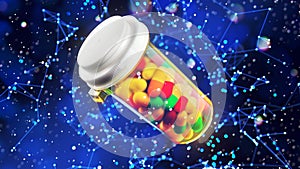 Medicine pills in orange glass pill bottle on a blue background. 3D Render