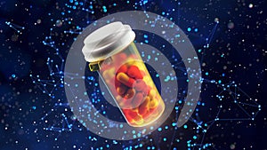 Medicine pills in orange glass pill bottle on a blue background. 3D Render