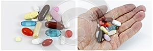 Medicine pills supplement hand pile collage