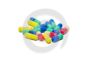 Medicine Pills. Tablets. Capsule.Pharmaceutical medicament, Close-up of pile of blue and green tablets - capsule. Pills and