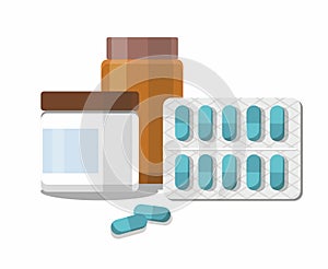 Medicine pills, tablets and capsules and bottles on White background