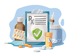 Medicine prescription. Formular for RX drugs, pills and medicines. Medical list for treatment, healthcare diagnoses and proper