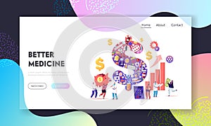 Medicine Price, Pharmacy, Health and Accessibility Landing Page Template. Tiny Characters around of Huge Dollar Sign