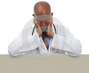 Medicine problem, black man and doctor with placard announcement of clinic crisis, hospital disaster or healthcare fail