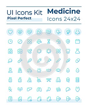 Medicine related pixel perfect gradient linear ui icons set