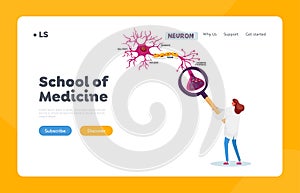 Medicine School Laboratory Landing Page Template. Tiny Scientist Female Character in Robe Learning Human Neurons Scheme