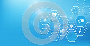 Medicine and science with abstract digital hi tech hexagons on blue background.